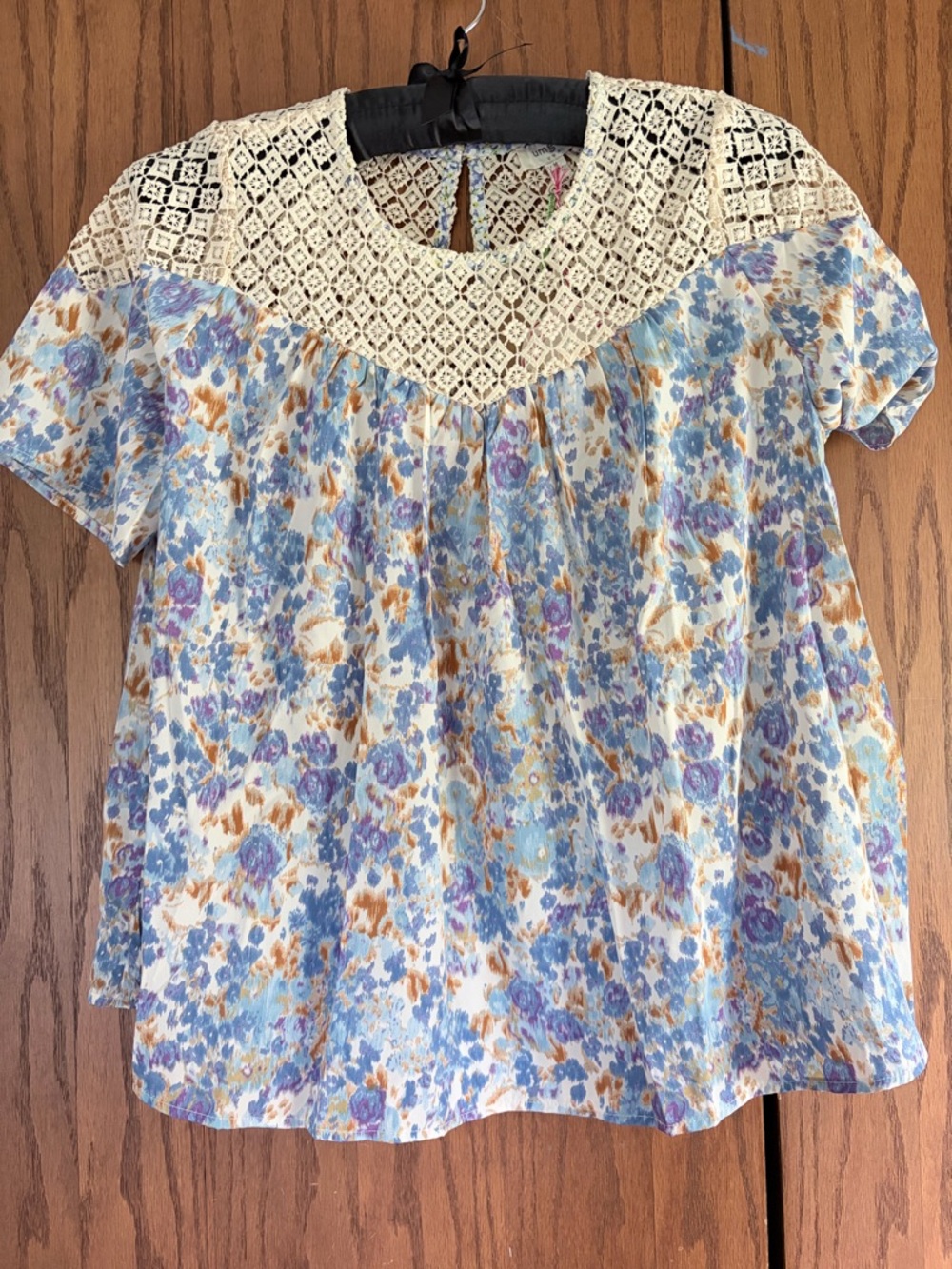 New with tags, Umgee Cream Lace Yoke Floral Blouse with Blue & Tan Accents, Med.
